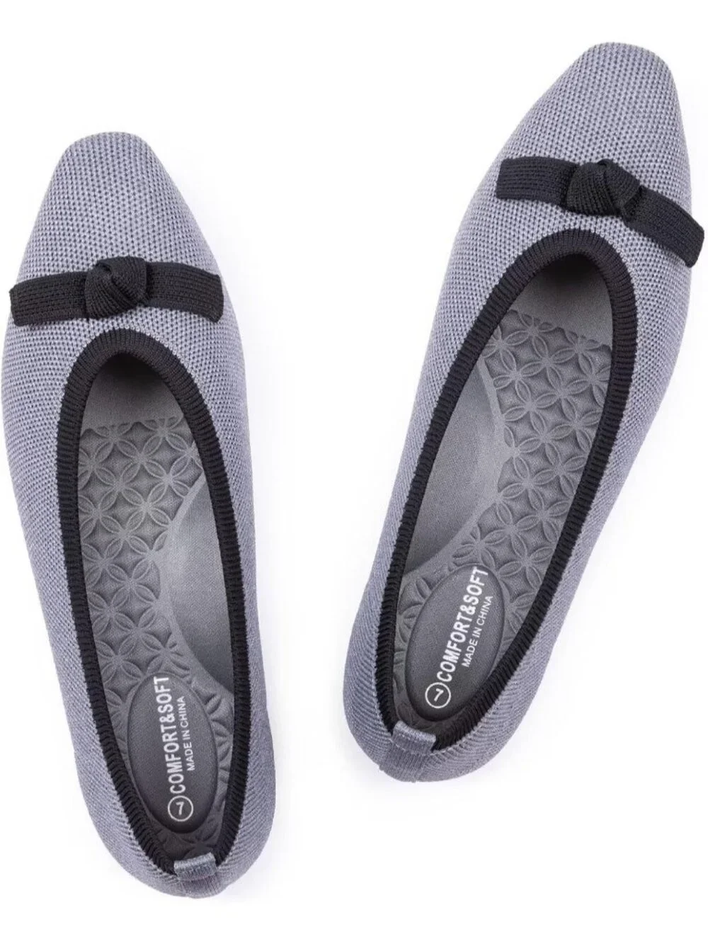 Frank Mully Women's Grey Black Rubber Knit Squared Toe Bow Slip On Ballet Flats